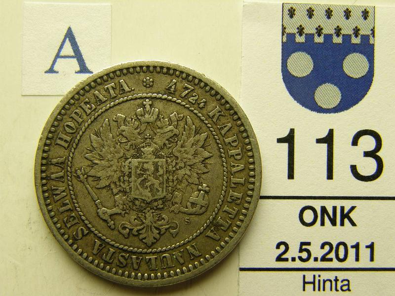 kohde_113_a.jpg - Kohde 113, tunnuspuoli, lhthinta: 18 € 2 mk 1870 Ag, kunto: 5.