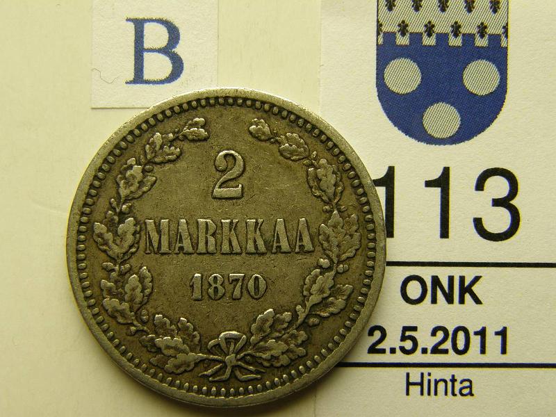 kohde_113_b.jpg - Kohde 113, arvopuoli, lhthinta: 18 € 2 mk 1870 Ag, kunto: 5.