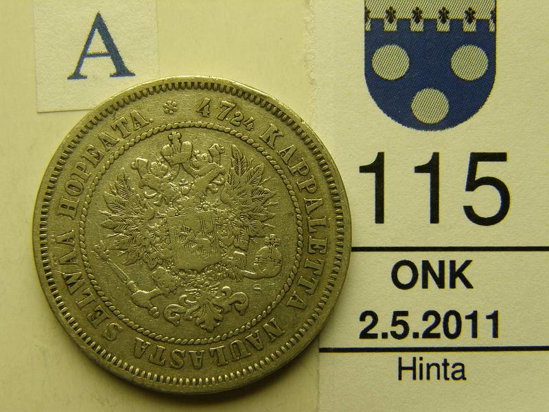 kohde_115_a.jpg - Kohde 115, tunnuspuoli, lhthinta: 15 € 2 mk 1872 Ag, kunto: 3.