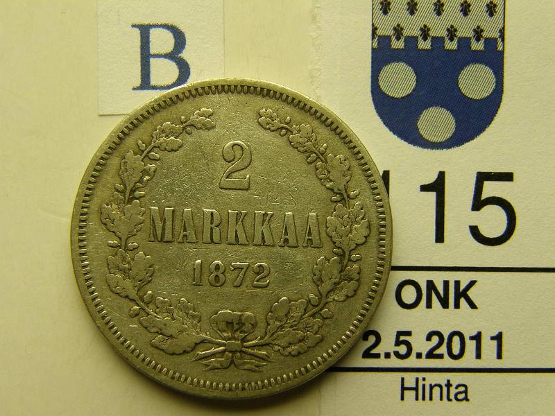 kohde_115_b.jpg - Kohde 115, arvopuoli, lhthinta: 15 € 2 mk 1872 Ag, kunto: 3.