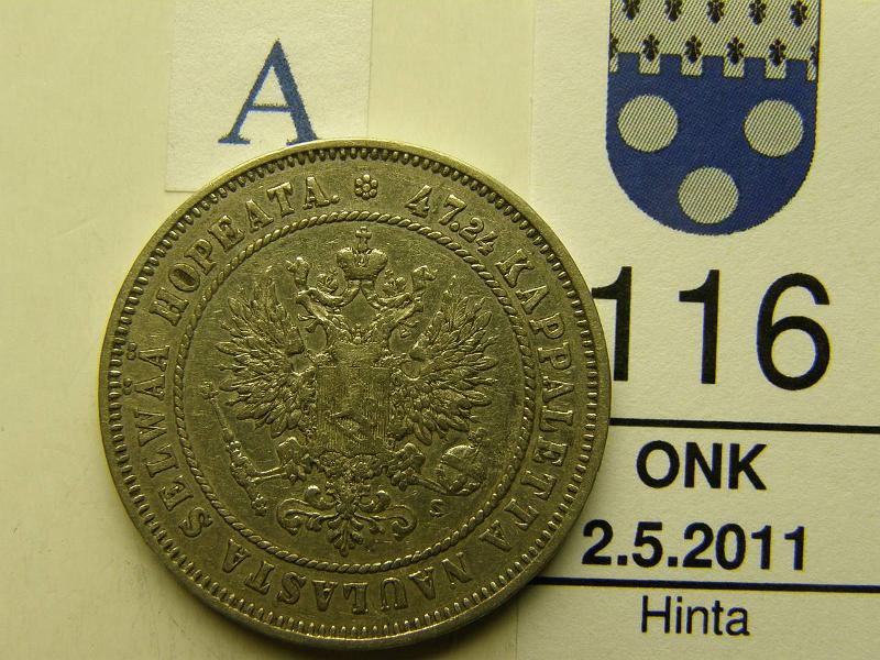 kohde_116_a.jpg - Kohde 116, tunnuspuoli, lhthinta: 25 € 2 mk 1874 Ag, kunto: 5.