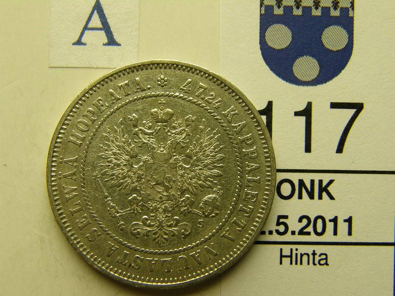 kohde_117_a.jpg - Kohde 117, tunnuspuoli, lhthinta: 25 € 2 mk 1874 Ag, kunto: 5/6.