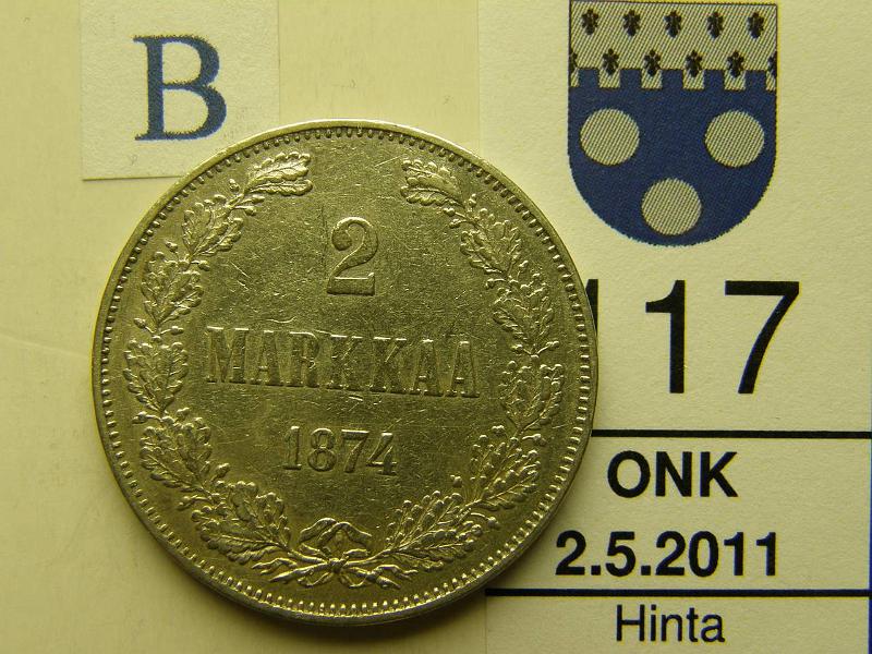 kohde_117_b.jpg - Kohde 117, arvopuoli, lhthinta: 25 € 2 mk 1874 Ag, kunto: 5/6.