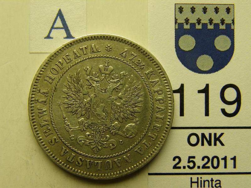 kohde_119_a.jpg - Kohde 119, tunnuspuoli, lhthinta: 250 € 2 mk 1905 Ag, kunto: 4.