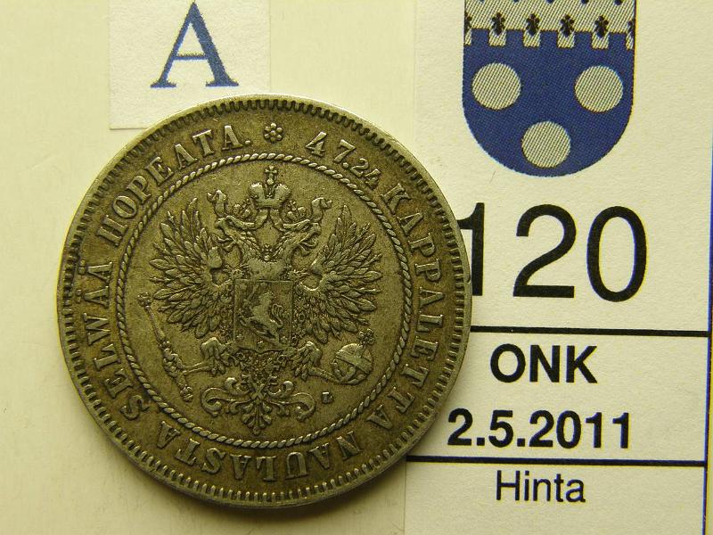 kohde_120_a.jpg - Kohde 120, tunnuspuoli, lhthinta: 250 € 2 mk 1905 Ag, kunto: 4/5.