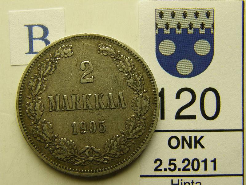 kohde_120_b.jpg - Kohde 120, arvopuoli, lhthinta: 250 € 2 mk 1905 Ag, kunto: 4/5.