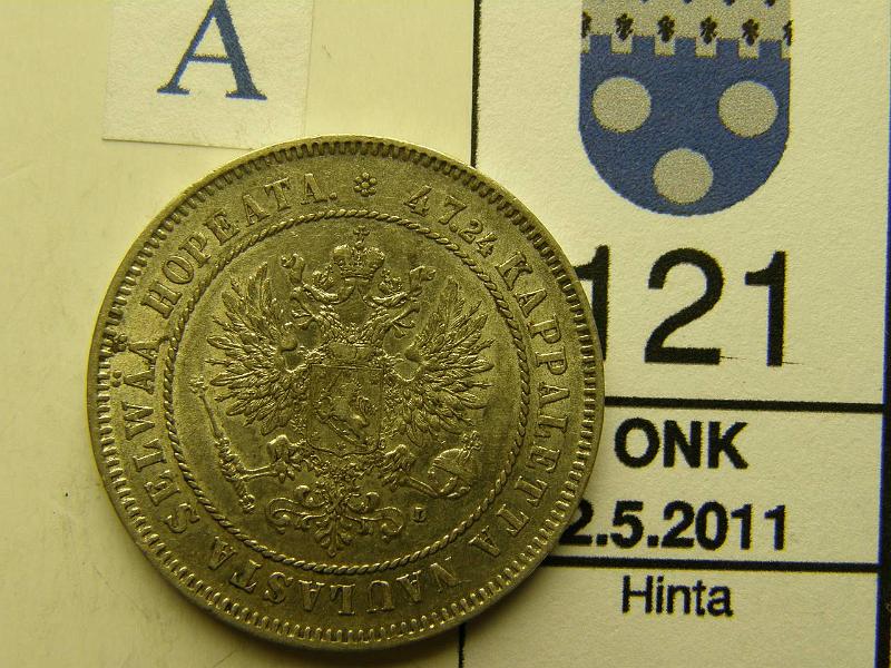 kohde_121_a.jpg - Kohde 121, tunnuspuoli, lhthinta: 20 € 2 mk 1906 Ag, SNY 500.2, lyhyt /-viiva, hpja, kunto: 6.