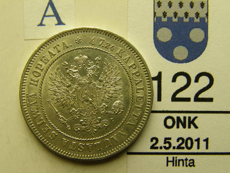 kohde_122_a.jpg - Kohde 122, tunnuspuoli, lhthinta: 80 € 2 mk 1906 Ag, SNY 500.2, lyhyt /-viiva, kaunis!, kunto: 7.