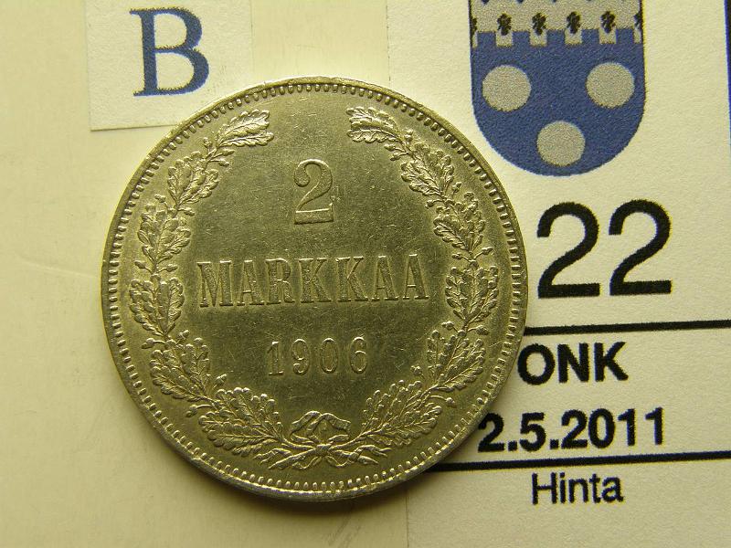 kohde_122_b.jpg - Kohde 122, arvopuoli, lhthinta: 80 € 2 mk 1906 Ag, SNY 500.2, lyhyt /-viiva, kaunis!, kunto: 7.