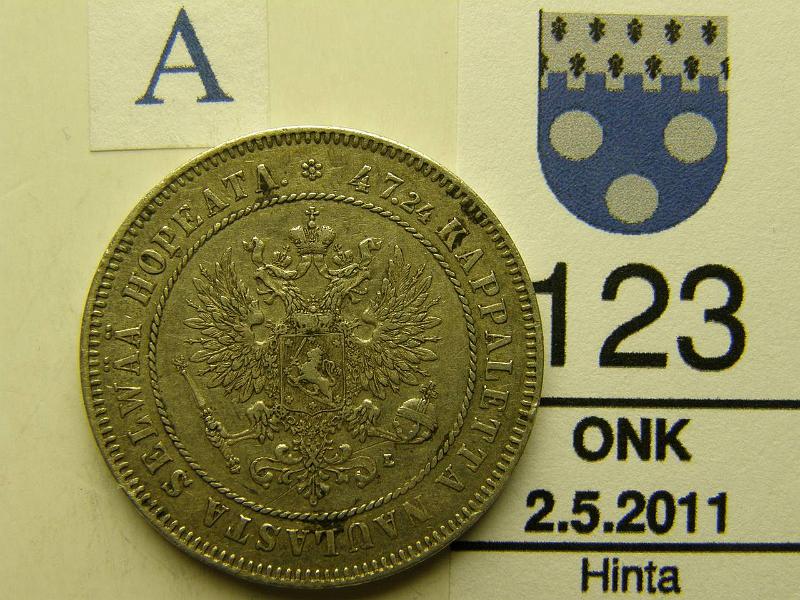 kohde_123_a.jpg - Kohde 123, tunnuspuoli, lhthinta: 18 € 2 mk 1908 Ag, kunto: 5.