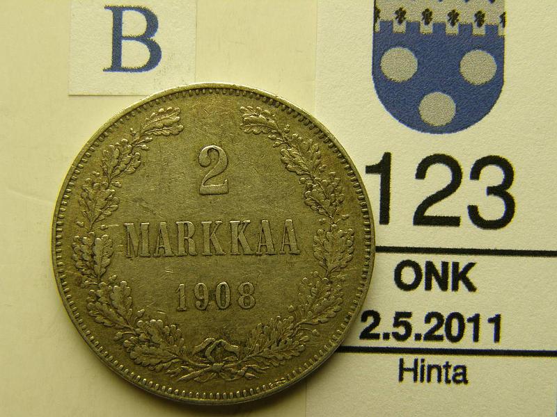 kohde_123_b.jpg - Kohde 123, arvopuoli, lhthinta: 18 € 2 mk 1908 Ag, kunto: 5.