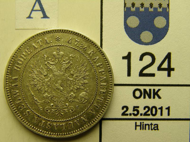 kohde_124_a.jpg - Kohde 124, tunnuspuoli, lhthinta: 20 € 2 mk 1908 Ag, kunto: 6.