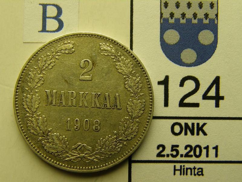 kohde_124_b.jpg - Kohde 124, arvopuoli, lhthinta: 20 € 2 mk 1908 Ag, kunto: 6.