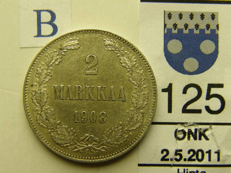 kohde_125_b.jpg - Kohde 125, arvopuoli, lhthinta: 50 € 2 mk 1908 Ag, kunto: 7.