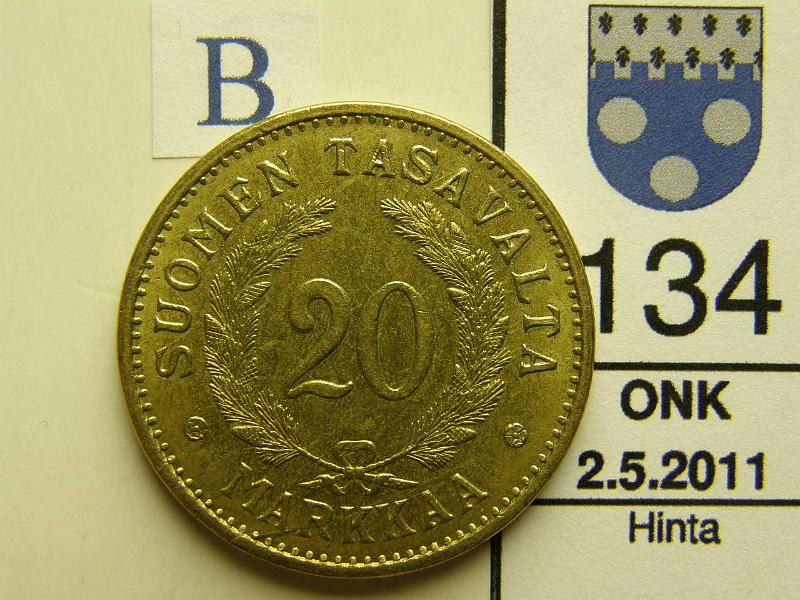 kohde_134_b.jpg - Kohde 134, arvopuoli, lhthinta: 60 € 20 mk 1931, kunto: 7.