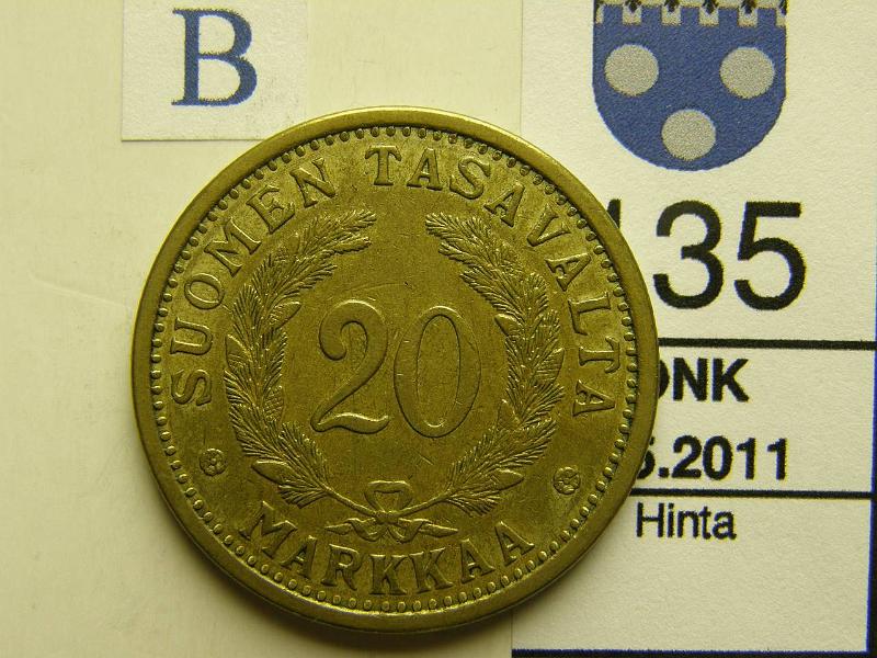 kohde_135_b.jpg - Kohde 135, arvopuoli, lhthinta: 60 € 20 mk 1932, kunto: 6.