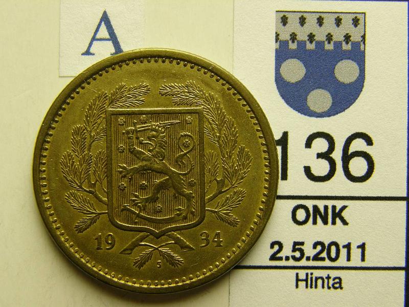 kohde_136_a.jpg - Kohde 136, tunnuspuoli, lhthinta: 20 € 20 mk 1934, kunto: 7/6.