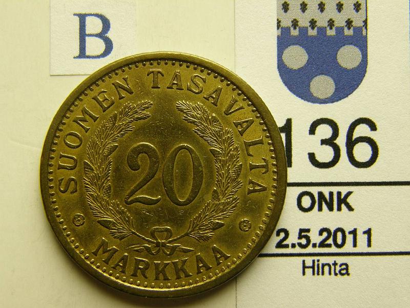 kohde_136_b.jpg - Kohde 136, arvopuoli, lhthinta: 20 € 20 mk 1934, kunto: 7/6.