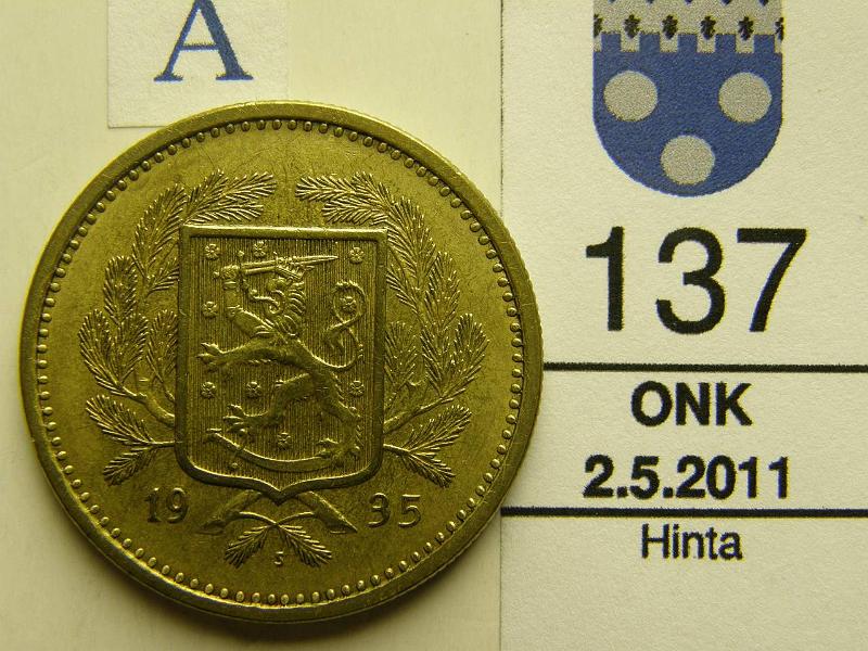 kohde_137_a.jpg - Kohde 137, tunnuspuoli, lhthinta: 20 € 20 mk 1935, kunto: 7.