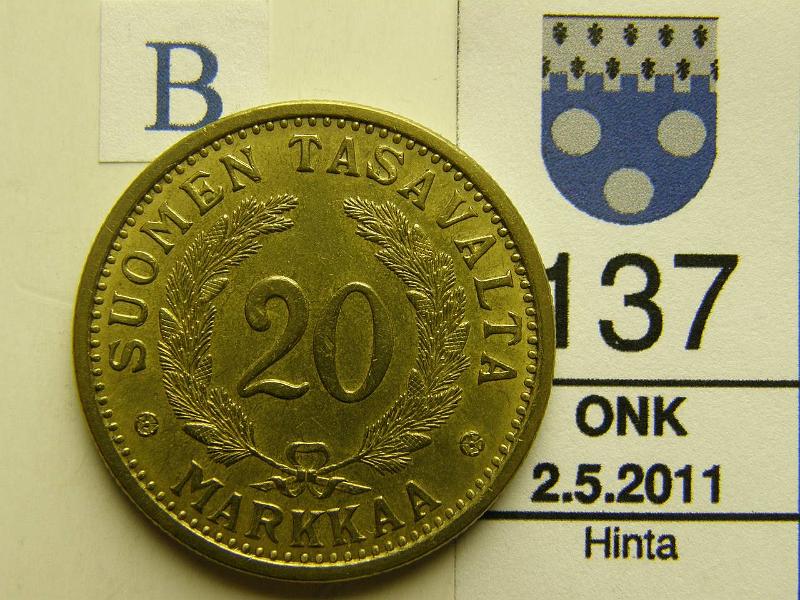 kohde_137_b.jpg - Kohde 137, arvopuoli, lhthinta: 20 € 20 mk 1935, kunto: 7.