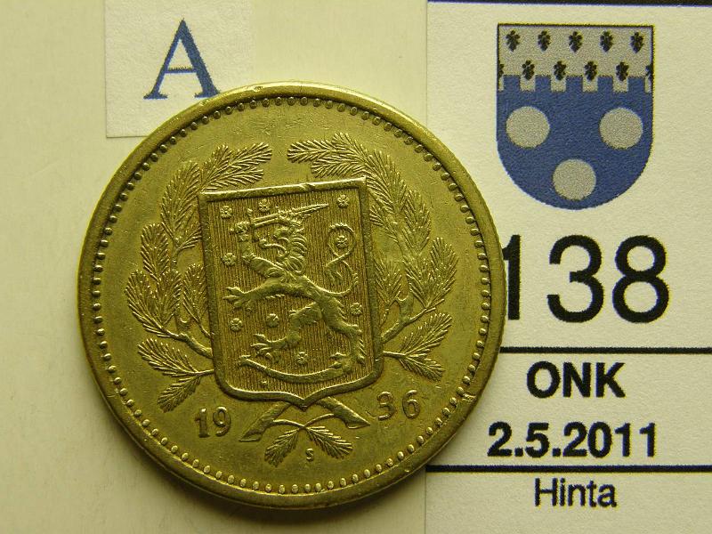 kohde_138_a.jpg - Kohde 138, tunnuspuoli, lhthinta: 5 € 20 mk 1936, kunto: 5.