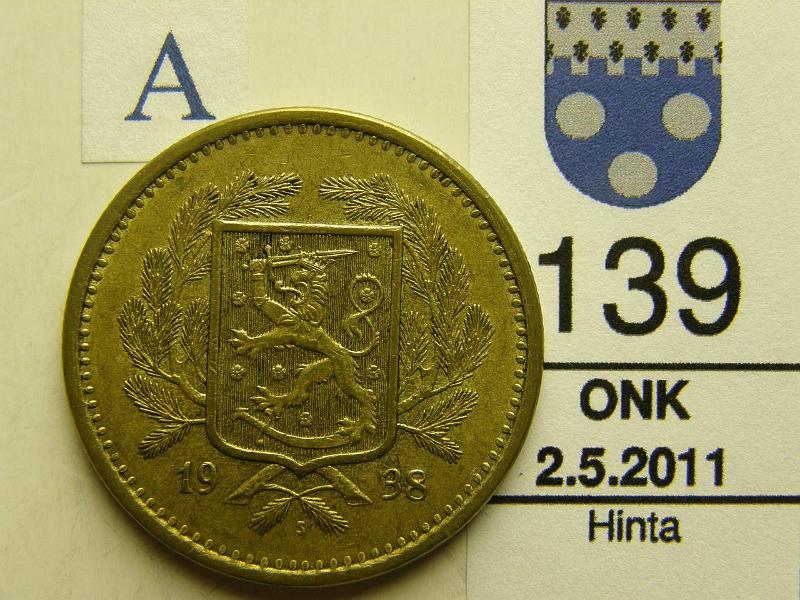 kohde_139_a.jpg - Kohde 139, tunnuspuoli, lhthinta: 10 € 20 mk 1938, kunto: 6.