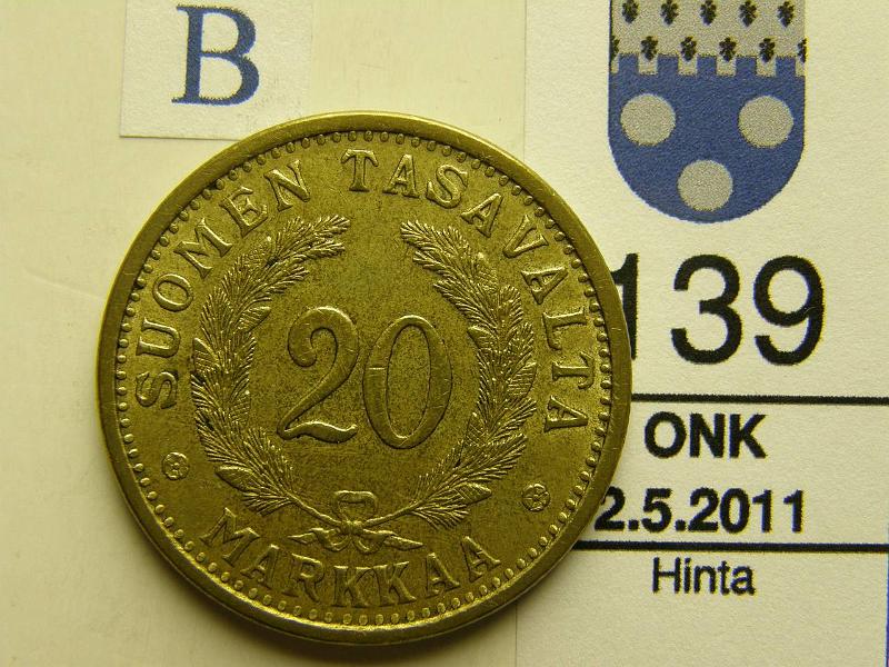 kohde_139_b.jpg - Kohde 139, arvopuoli, lhthinta: 10 € 20 mk 1938, kunto: 6.