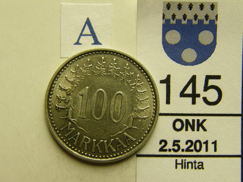 kohde_145_a.jpg - Kohde 145, arvopuoli, lhthinta: 15 € 100 mk 1959 Ag, hpja, puhd, kunto: 6.