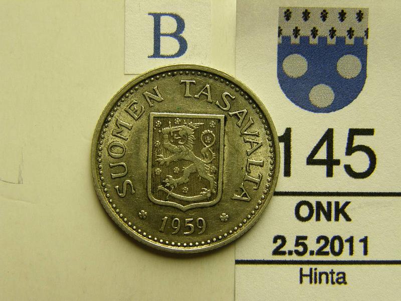 kohde_145_b.jpg - Kohde 145, tunnuspuoli, lhthinta: 15 € 100 mk 1959 Ag, hpja, puhd, kunto: 6.