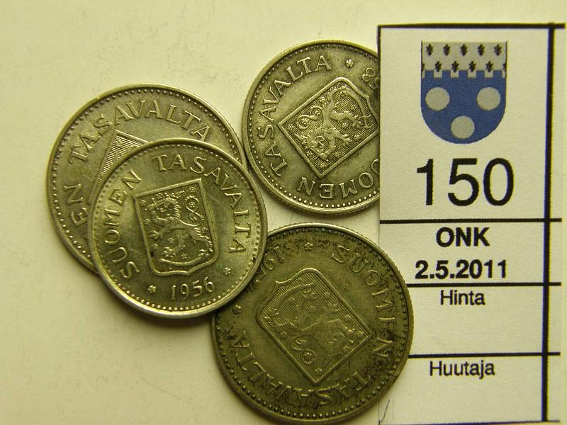 kohde_150_a.jpg - Kohde 150, lhthinta: 8 € 200 mk Er (4) Ag, 100mk 1956, -58, 200mk 1956, -57, hpja, kunto: 4-6.