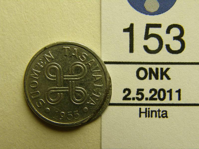 kohde_153_a.jpg - Kohde 153, lhthinta: 5 € 5 mk 1955 reunassa laakea painanne, kunto: 5.