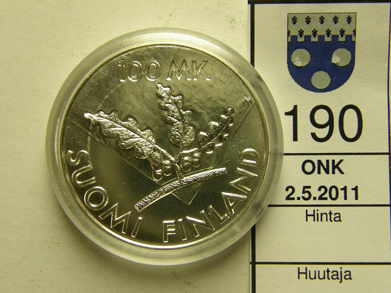 kohde_190_a.jpg - Kohde 190, lhthinta: 20 € 100 mk 1995 Ag, YK, kunto: 9.