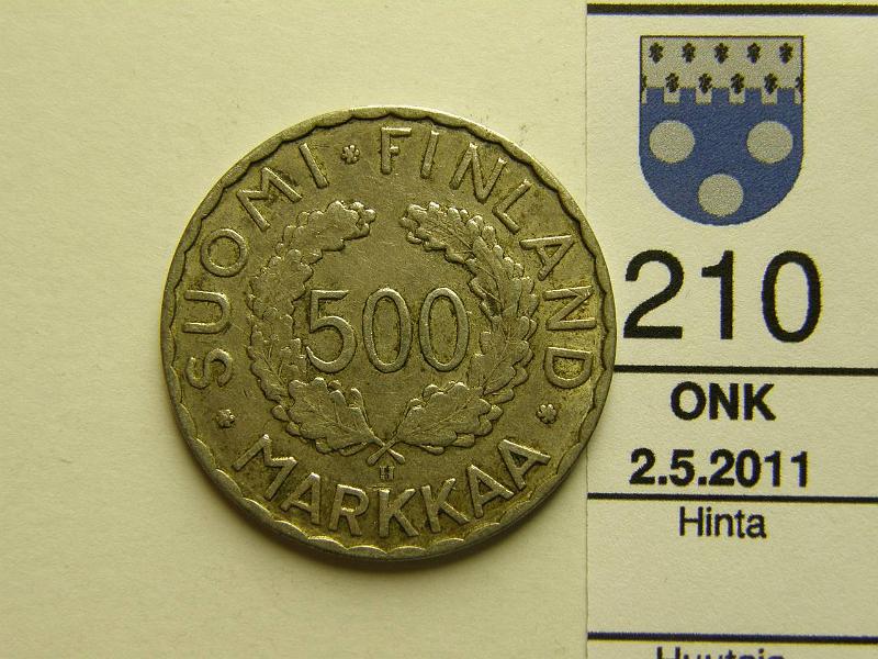 kohde_210_a.jpg - Kohde 210, lhthinta: 10 € 500 mk 1952 Ag, SNY 656.1, kunto: 5.