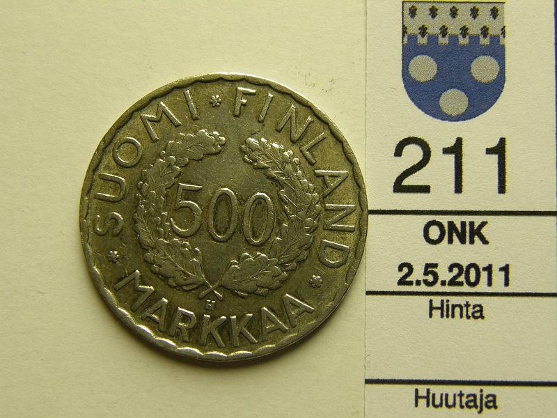 kohde_211_a.jpg - Kohde 211, lhthinta: 10 € 500 mk 1952 Ag, SNY 656.1, kunto: 5.