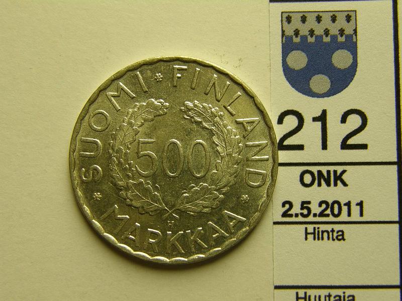 kohde_212_a.jpg - Kohde 212, lhthinta: 20 € 500 mk 1952 Ag, SNY 656.1, kunto: 8.