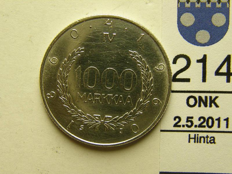 kohde_214_a.jpg - Kohde 214, lhthinta: 15 € 1000 mk 1960 Ag, Suomen markka 100 v, pij, kunto: 7.