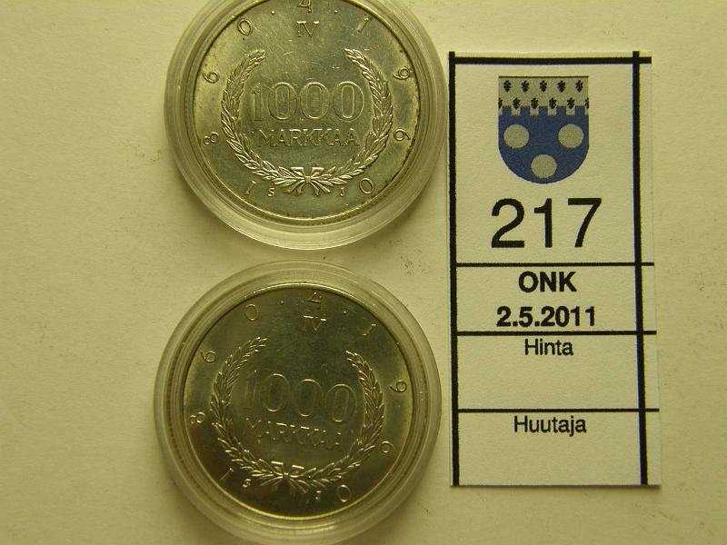 kohde_217_a.jpg - Kohde 217, lhthinta: 20 € 1000 mk 1960 (2) Ag, Suomen markka 100 v, pillereiss, kunto: 6,7.