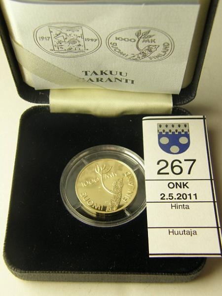 kohde_267_a.jpg - Kohde 267, lhthinta: 200 € 1000 mk 1997 Au, Proof, 8.64 g / 900, Itseninen Suomi 80 v, kotelo, tod, kunto: 10.