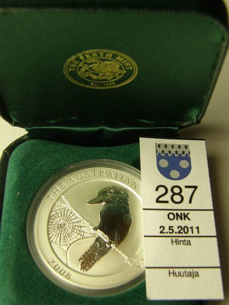 kohde_287_a.jpg - Kohde 287, lhthinta: 25 € Australia 1 AUD 2008 KM#1296 Proof, Kookaburra, 1 unssi hopeaa, kotelo, kunto: 10.