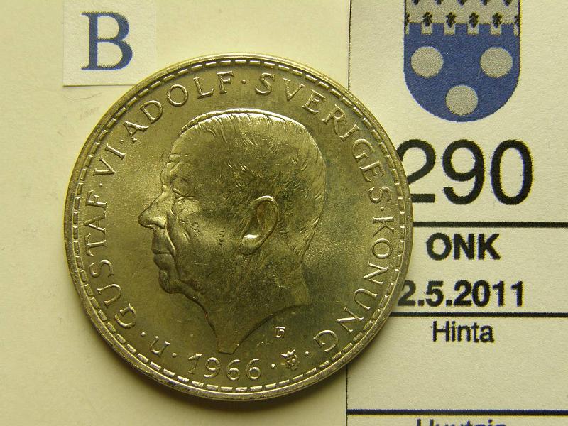 kohde_290_b.jpg - Kohde 290, tunnuspuoli, lhthinta: 5 € Ruotsi 5 kr 1966 KM#839 18g / 400, 2-kamarinen eduskunta 100v, kunto: 9.