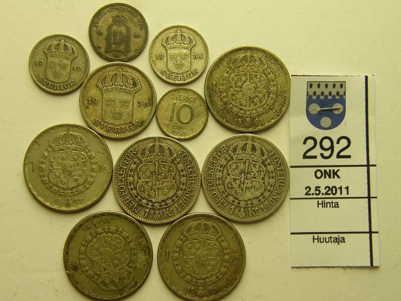 kohde_292_a.jpg - Kohde 292, lhthinta: 15 € Er Ruotsi 10re-1Kr 1897-1957 (11) 10re 1957, 25re 1897, 1912, -34, 50re 1936, 1kr 1915, -29, -43, -44, -45, -47, kunto: 3-4.