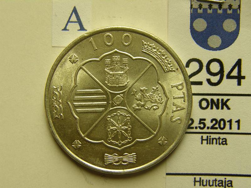 kohde_294_a.jpg - Kohde 294, arvopuoli, lhthinta: 10 € Espanja 100 PTAS 1966 KM#797 19g / 800, Franco (66), kunto: 8.