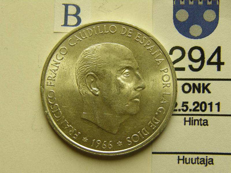 kohde_294_b.jpg - Kohde 294, tunnuspuoli, lhthinta: 10 € Espanja 100 PTAS 1966 KM#797 19g / 800, Franco (66), kunto: 8.