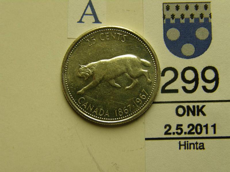 kohde_299_a.jpg - Kohde 299, arvopuoli, lhthinta: 3 € Kanada 25 cents 1967 KM#68 5, 8319g / 800-500, ilves ja kuningattaren profiili, hnja, kunto: 9.