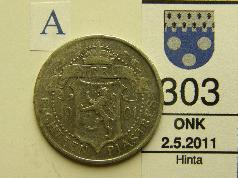 kohde_303_a.jpg - Kohde 303, arvopuoli, lhthinta: 20 € Kypros 18 Piasteria 1901 KM#7 11, 3104g / 0925, Kuningattaren profiili, kunto: 3.