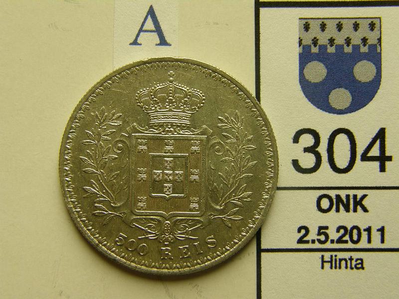 kohde_304_a.jpg - Kohde 304, arvopuoli, lhthinta: 15 € Portugali 500 Reis 1903 KM#535 12.5 g / 917, Carlos I profiili, kunto: 7.