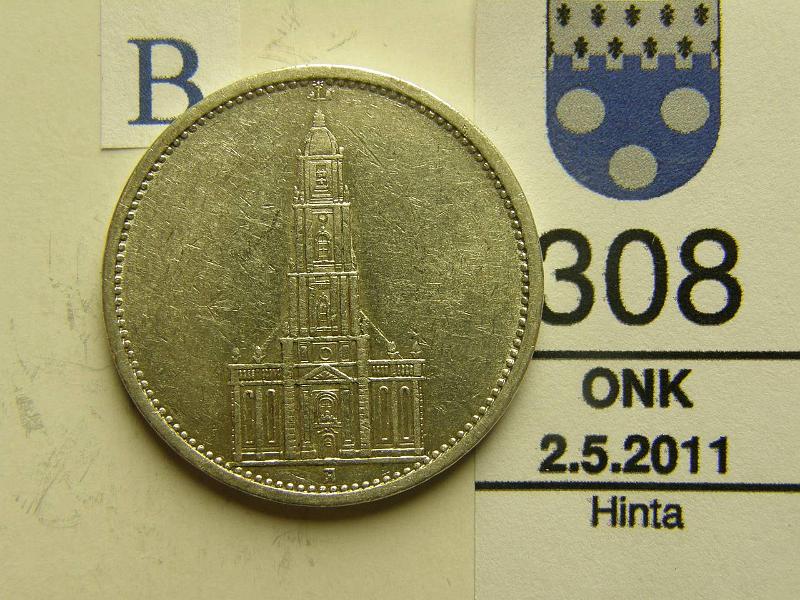 kohde_308_b.jpg - Kohde 308, tunnuspuoli, lhthinta: 5 € Saksa 5 DM 1934 KM#83 13.88 g / 900, Potsdamin linnakekirkko, hnja, kunto: 5.