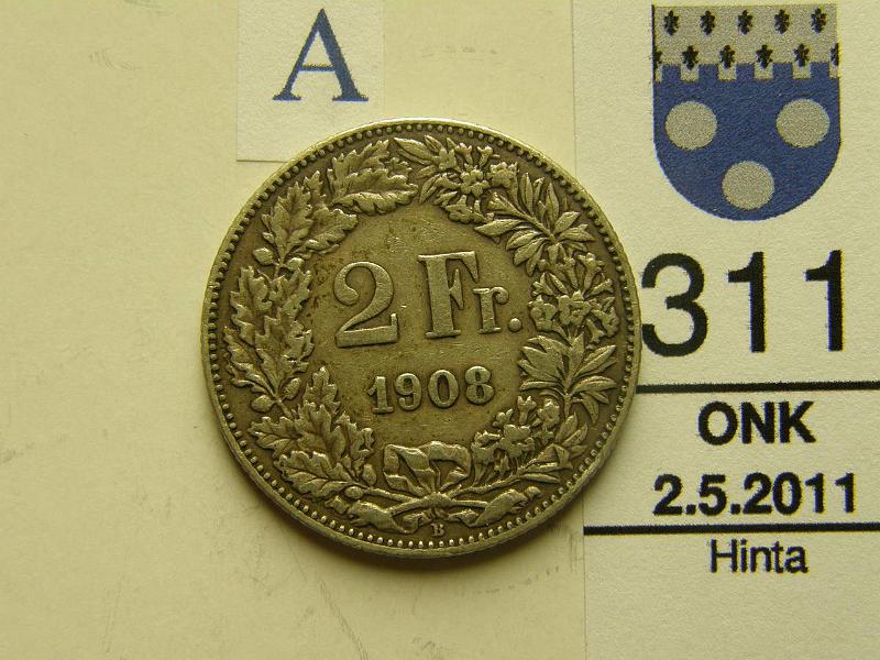 kohde_311_a.jpg - Kohde 311, arvopuoli, lhthinta: 5 € Sveitsi 2 Franc 1908b KM#21 10g / 8350., kunto: 5.