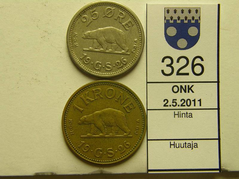 kohde_326_a.jpg - Kohde 326, lhthinta: 8 € Grnlanti 25 re, 1 kr 1926 KM#5, 8, kunto: 5.