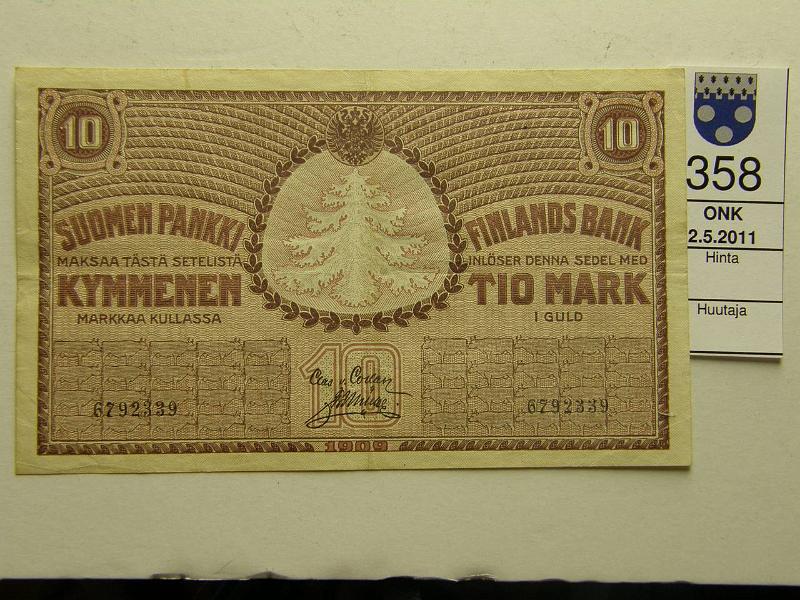 kohde_358_a.jpg - Kohde 358, lhthinta: 30 € 10 mk 1909 SNY 141.1, 6792339 COL-Ml, neulanreik, hyvt vrit, kunto: 5.